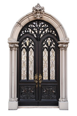 Gothic Cathedral Double Door with Ornate Stained Glass and Sculpted Details
