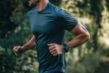Fototapeta premium Runner in motion through a green forest trail