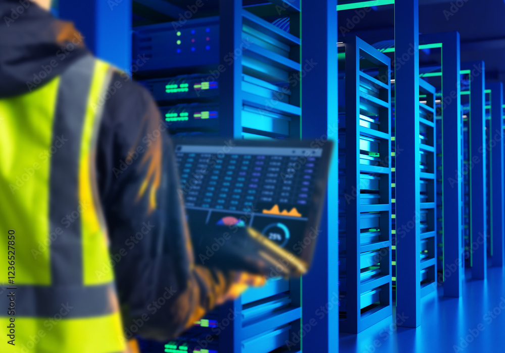 Poster it engineer. man with laptop in server room. monitoring load on it infrastructure. system administra