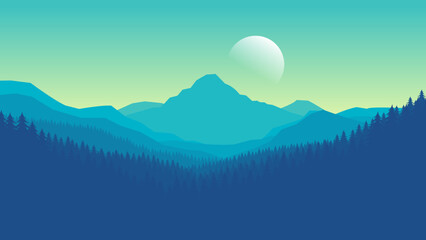 Blue mountain landscape wallpaper in a minimalist flat design style. Minimalist beauty background for desktop and wallpaper