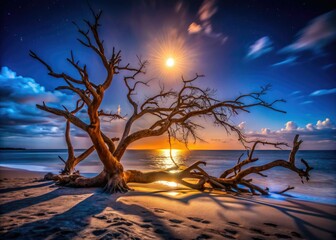 Silhouetted dead branches frame a dark, moody coastal night scene.