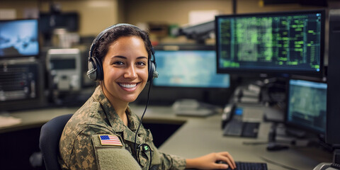 Military personnel working at computer station in office