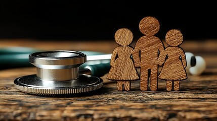 Family health insurance, wooden figures, stethoscope, rustic wood