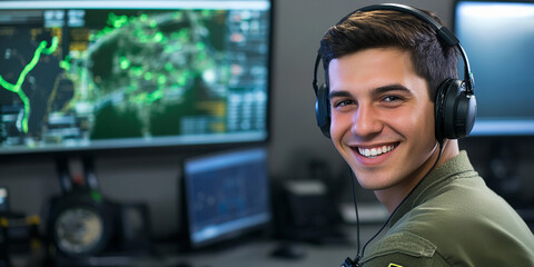 Young operator at control center monitors live data for mission