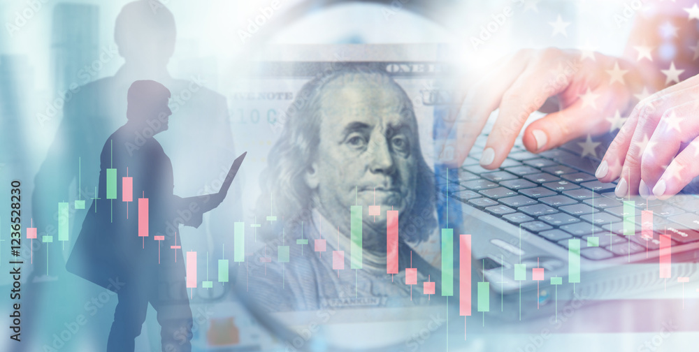 Aufkleber financial background. economic activity. investment chart near keyboard. hands of trader typing text
