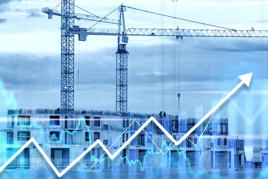 House under construction. Real estate price growth chart. Increase in cost of apartments under construction. Erection of multi-storey buildings. Construction landscape with financial graph - Powered by Adobe