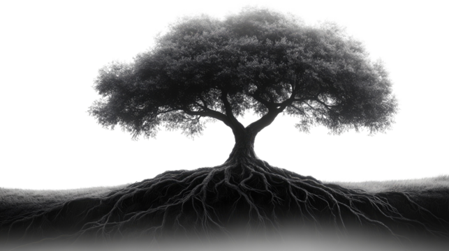 Solitary Tree with Exposed Roots: A solitary tree with exposed roots stands strong and proud against a misty backdrop, a testament to the power and resilience of nature.  