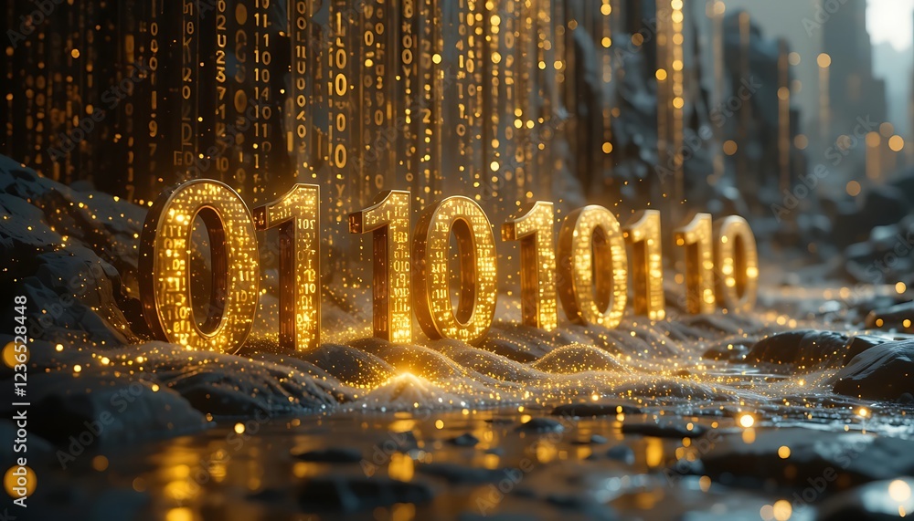 Poster golden binary code: glittering digital landscape