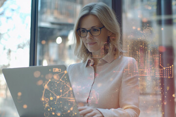 Business woman working on computer with digital overlay effects