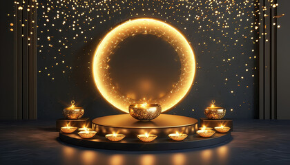 Diwali product display background podium,Golden glow, modern gold-finished, glowing diya, shimmering light patterns evoking firecracker trails, ad, podium platform, product presentation space