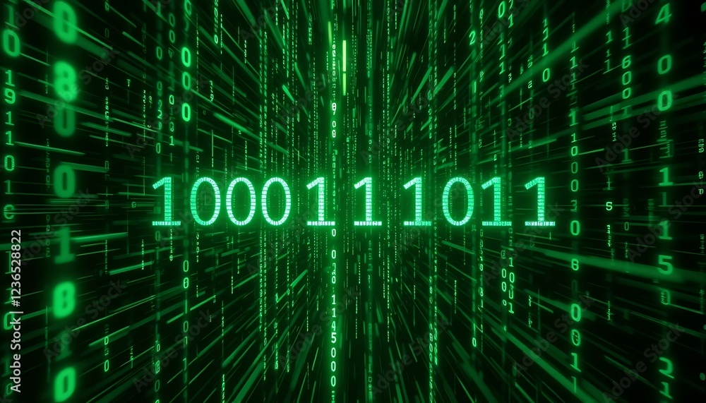 Poster binary code stream: a glowing green digital matrix