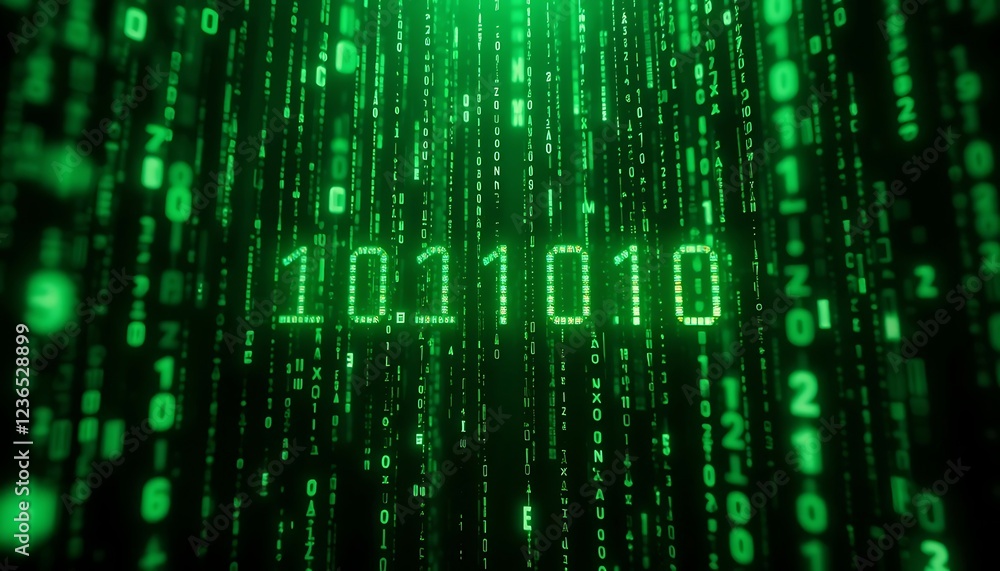 Poster digital rain: glowing binary code in a dark green cyber aesthetic