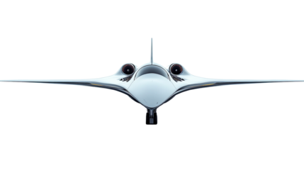 Supersonic Jet Design: Futuristic design of a supersonic jet, sleek and aerodynamic, shown in a front view, emphasizing its powerful engines and advanced technology.