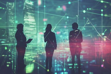Fototapeta premium Silhouetted Businesswomen Strategize Against A Vibrant Cityscape Backdrop.