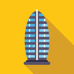 Modern elliptical skyscraper with blue windows standing tall against a vibrant yellow backdrop, casting a long shadow