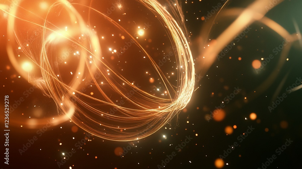 Poster abstract orange glowing light trails creating a dynamic circular motion with scattered bokeh lights