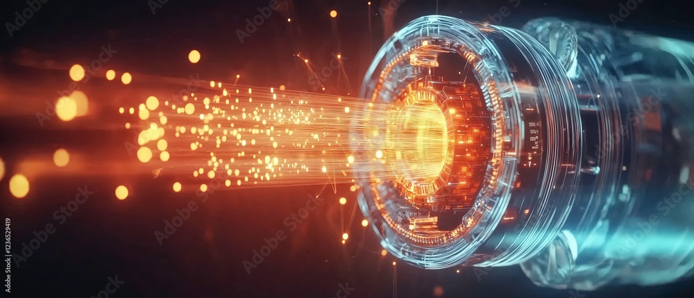 Poster digital energy core: a futuristic abstract visualization of a glowing energy core, emitting a stream