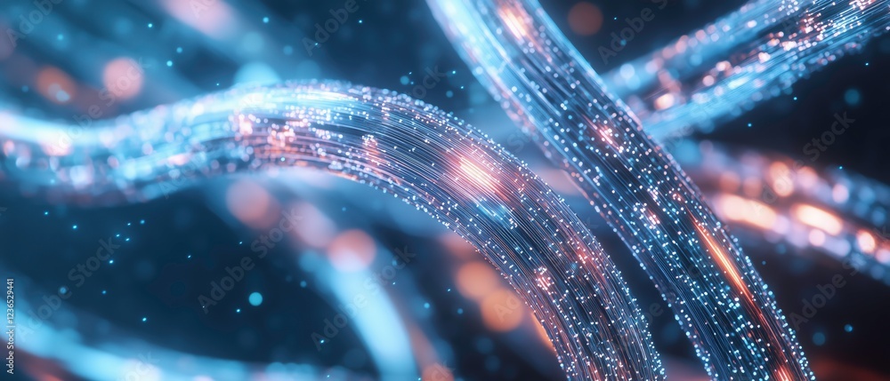 Poster abstract fiber optics network: glowing strands of fiber optic cables intertwine, creating a mesmeriz