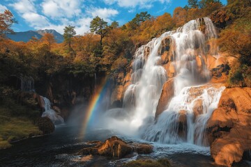 Waterfall cascading over rocks with vibrant autumn foliage and a rainbow in the background