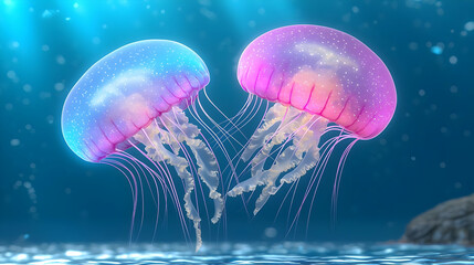 Naklejka premium Two glowing jellyfish dance underwater, ocean background, aquarium use