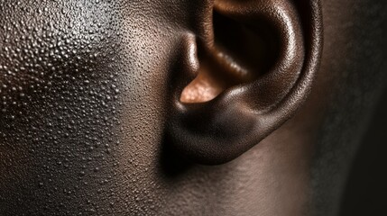 Close up of wet skin with tiny water droplets glistening on the surface, next to a detailed view of an ear, showcasing the intricate textures and delicate folds of the human body