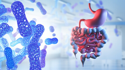 Probiotics for digestive system. Gastrointestinal tract. Microbiota in digestive system. Probiotics from dietary supplements. Microbiota cells near esophagus. Probiotic for immunity. 3d image