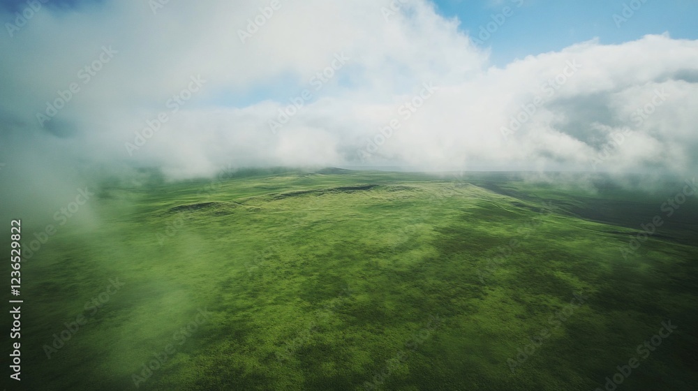 Poster vast green fields stretch under a cloudy sky creating a serene and majestic scene