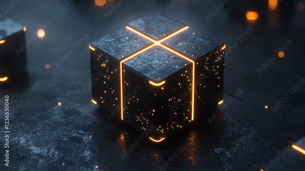 Aufkleber glowing cube with intricate designs on a dark textured surface, illuminated with soft orange light, 