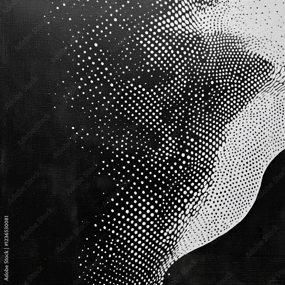 Poster digital flow: abstract digital art in black and white depicting a wave-like form of white dots on a 