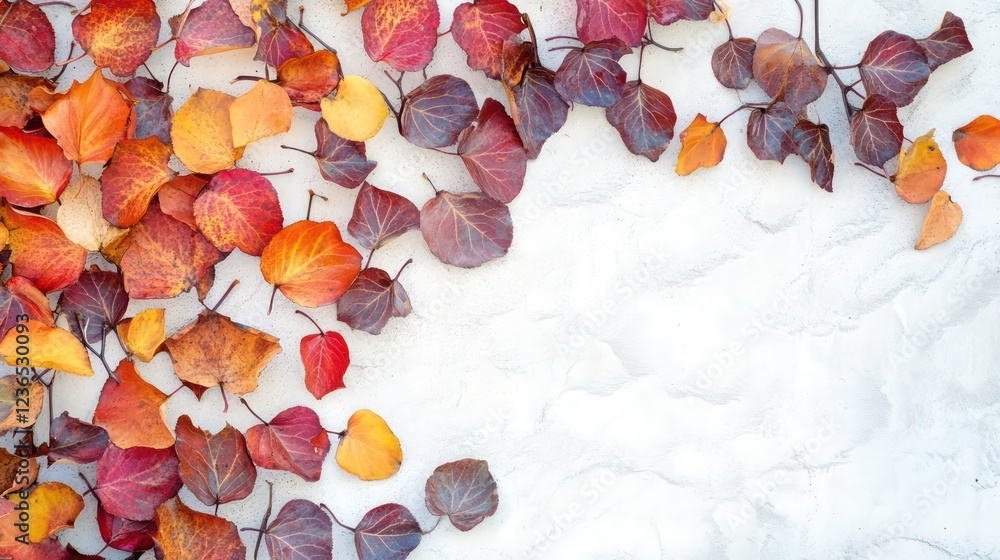 Poster autumn leaves scattered on a light textured background, creating a vibrant fall border.