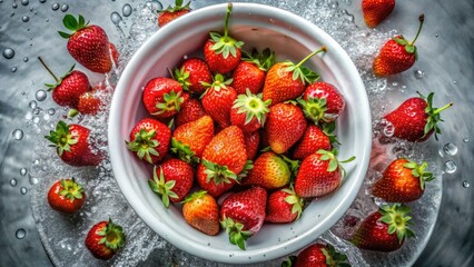 Sun-drenched, washed strawberries cascade in a bowl, viewed from above.