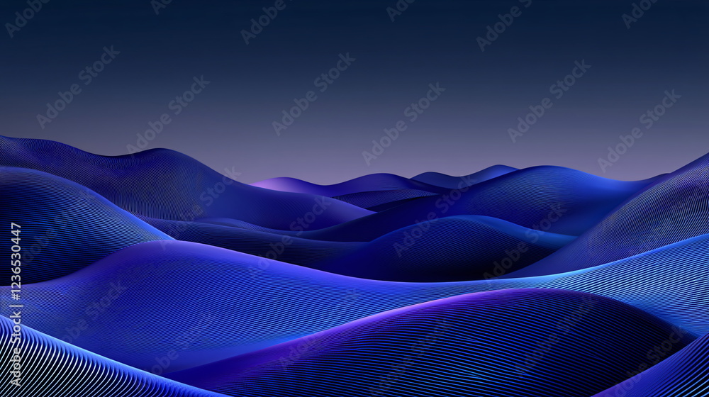 Poster waves of rolling blue and purple hills undulating gracefully under a dark sky, creating a serene and