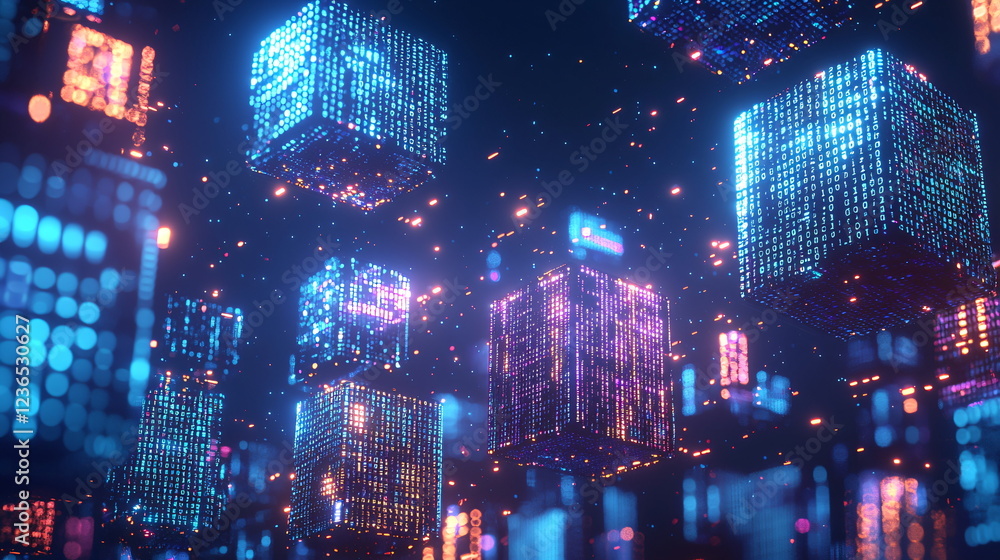 Aufkleber digital cityscape illuminated by vibrant neon cubes, showcasing a futuristic technology scene filled