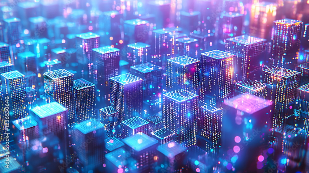 Aufkleber colorful urban skyline with glowing skyscrapers and abstract digital patterns creating a futuristic 