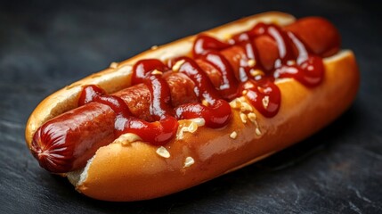 A Delicious hot dog with mustard and ketchup appetizing food