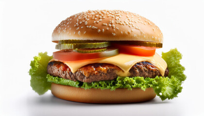 elements of a delicious burger on a white heritage the burger components are lettuce tomatoes pickles cheese and a juicy cooked pork patty