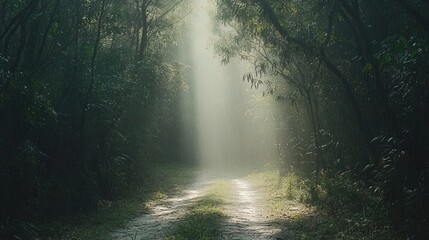 Mystical Forest Path: Sunbeam Illuminating a Serene Trail