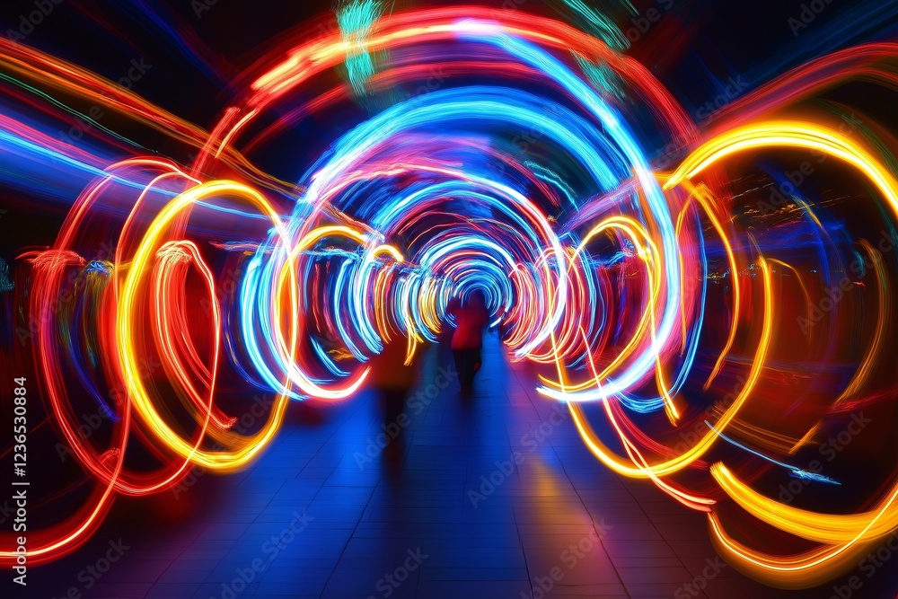 Poster a hypnotic tunnel of neon lights creating an illusion of infinite depth