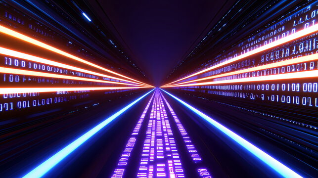 Futuristic digital tunnel with glowing binary code and vibrant light streaks creating a sense of speed and depth in a dark background.