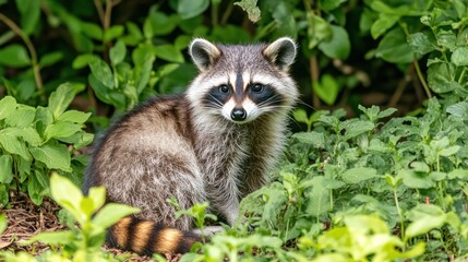 A Curious Raccoon in Lush Green Foliage