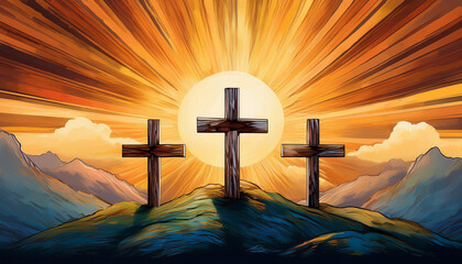 symbol of christianity 3 wooden crosses stands on a mountain or hill inside the rays of the solar