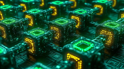 Fototapeta premium Glowing green and yellow technology network with interconnected cubes and circuits illuminated in a dark environment, creating a futuristic and vibrant atmosphere.