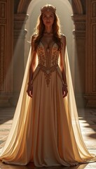 Fototapeta premium Angelic queen in golden dress for fantasy films, wedding inspiration, and high-fashion photoshoots