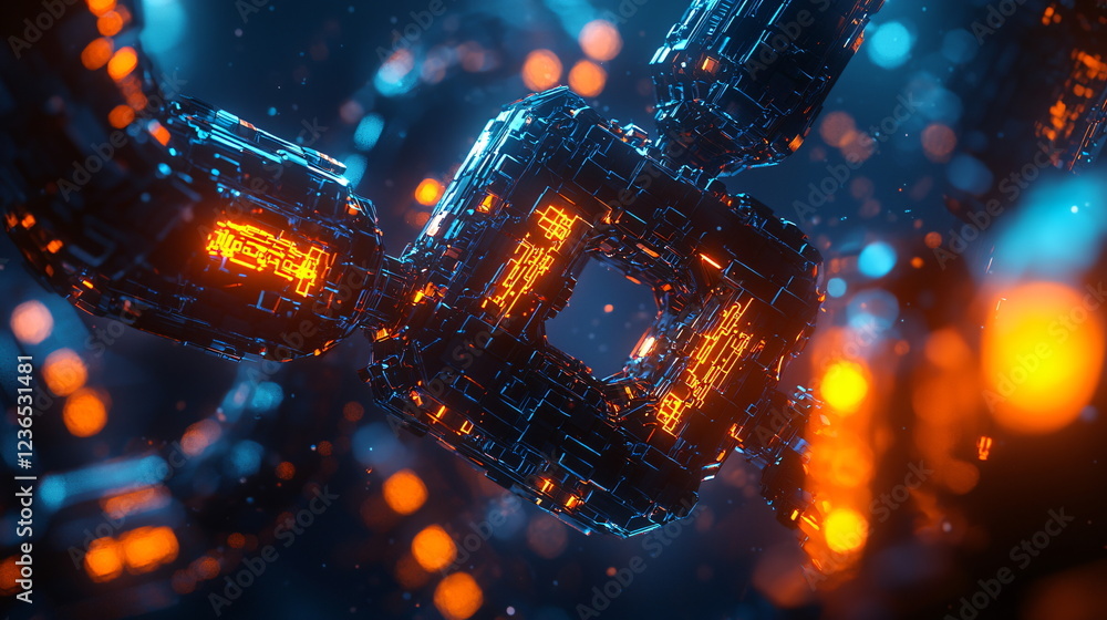 Aufkleber dynamic abstract digital art featuring glowing chains interlinked, showcasing vibrant blues and oran