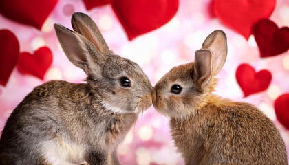 two rabbits kissing on the background of hearts
