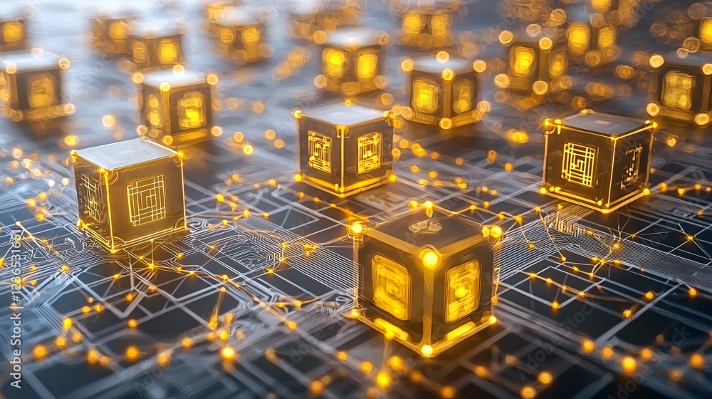 Poster golden cubes glowing on a dark circuit board background, interconnected by bright lines, creating a 