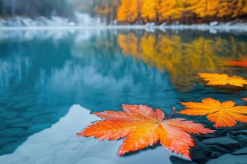 Vibrant autumn leaves float on tranquil lake water in a serene natural setting