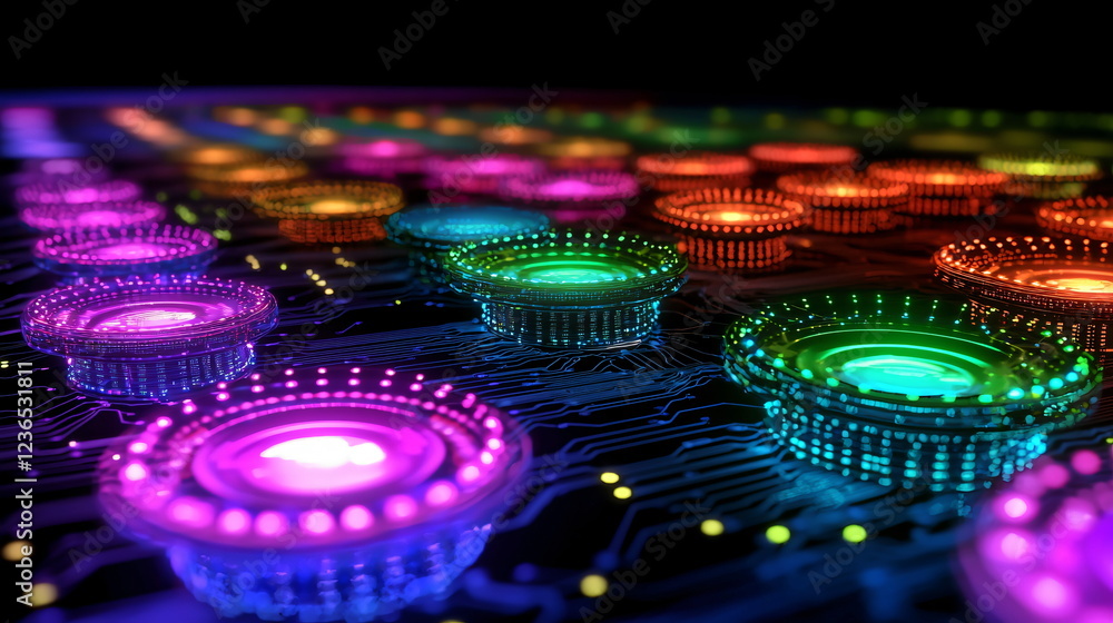 Aufkleber colorful illuminated circuit board with glowing circular elements and vibrant patterns, highlighting