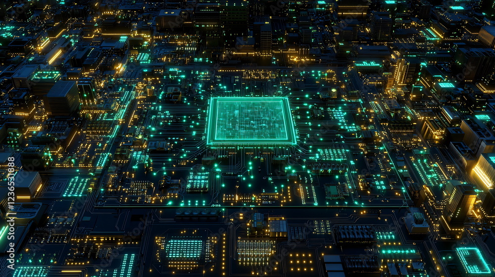Poster neon-lit cityscape with intricate circuitry designs featuring glowing lines and shapes creating an i