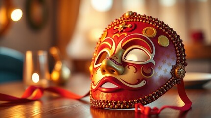Obraz premium Vibrant red Venetian mask for Purim festivities, carnival celebrations, and theatrical performances